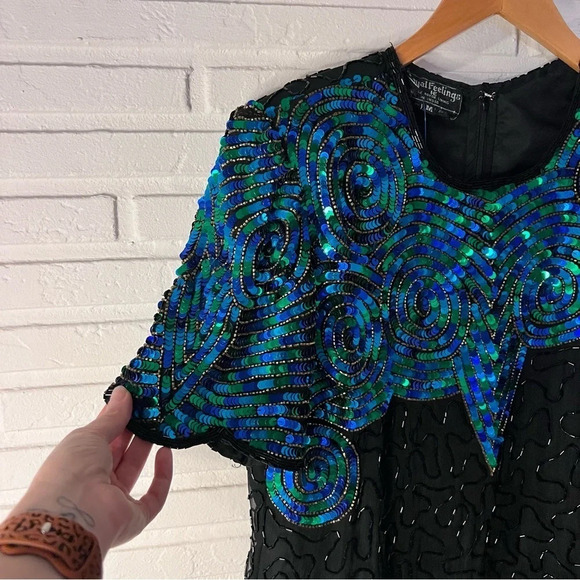 Royal Feelings Vintage Silk Black Sequins Beaded Short Sleeve Cocktail Blouse - Picture 6 of 7